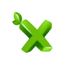 Obraz premium Letter X logo 3D render in cartoon cubic style with green leaves. Eco-friendly vector illustration. Impossible isometric shapes. Perfect for nature banner, healthy food labels, garden, and grass adv.