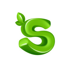 Naklejka premium Letter S logo 3D render in cartoon cubic style with green leaves. Eco-friendly vector illustration. Impossible isometric shapes. Perfect for nature banner, healthy food labels, garden, and grass adv.