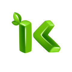 Letter K logo 3D render in cartoon cubic style with green leaves. Eco-friendly vector illustration. Impossible isometric shapes. Perfect for nature banner, healthy food labels, garden, and grass adv.
