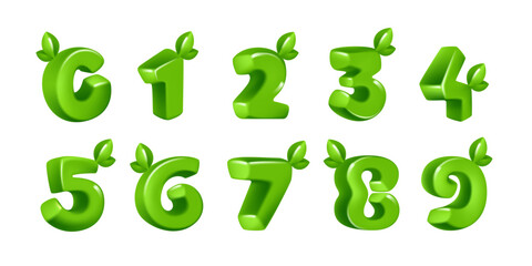0 to 9 numbers in 3D render cartoon cubic style with green leaves. Eco-friendly vector illustration. Impossible isometric shapes. Perfect for nature banner, healthy food labels, garden, and grass adv.
