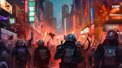 Obraz premium Cyberpunk Riot and Protest. Illustration of a cyberpunk-themed protest or riot scene, with protesters clashing with advanced security forces.