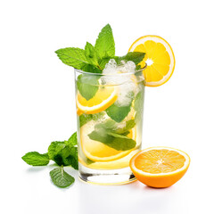 Mojito with lime slices, orange slices, and mint, mixed with ice, in front of a white background, tropical drink color splash.