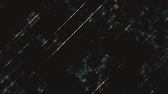 Simple abstract background animation with gently moving distressed diagonal golden lines and blue grunge noise texture. This dark minimalist textured motion background is full HD and a seamless loop.