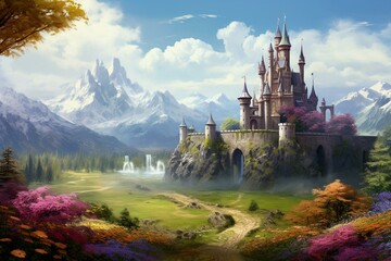 A magical castle in a lush landscape, portrayed in a painted artwork. Generative AI