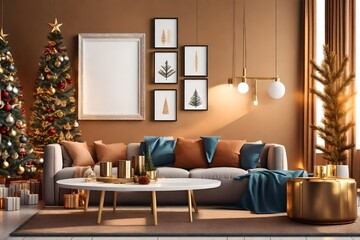  Mockup photo frame on the wall of living room, Interior with beautiful furniture, decoration in christmas theme.