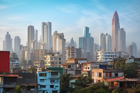 Cityscape with towering buildings above residential areas in Bandra, Mumbai, Maharashtra, India. Generative AI