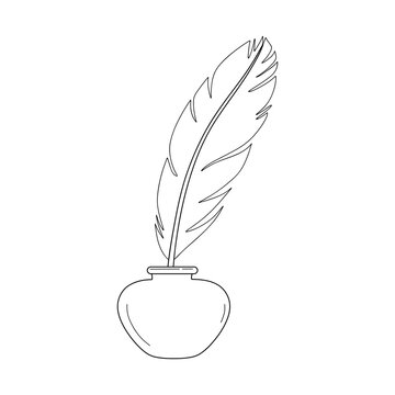 recommend clip art: Hand drawn Feather with inkwell. Sketch of Ink bottle and feather quill pen isolated on white background. Pen in the inkwell in doodle style. Vector illustration