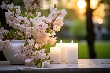 Lit candles and pink flowers in a white vase on a stone surface. - Powered by Adobe