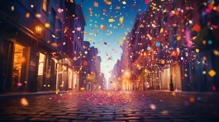 Fototapeta premium Vibrant Street Celebration: Colorful Confetti in the Air with Bokeh Effect - Festive Urban Scene for Events and Joyous Moments, generative AI 