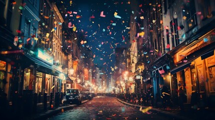 Vibrant Street Celebration: Colorful Confetti in the Air with Bokeh Effect - Festive Urban Scene for Events and Joyous Moments, generative AI	