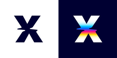 X letter logo with color glitch. Neon double exposure style. Multicolor gradient sign with hologram and illusion effect. Glowing color shift vector icon for nightlife labels, game screens, vibrant adv