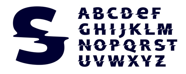 Alphabet set with shape glitch. Double exposure style. Monochrome sign with hologram and illusion effect. Vector icon for nightlife labels, game screens, vibrant adv.