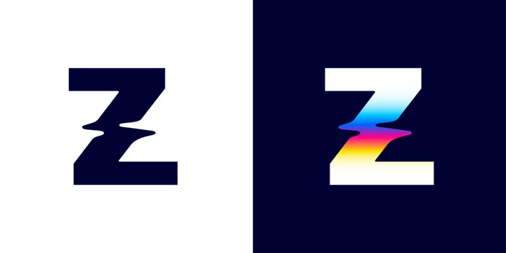 Z letter logo with color glitch. Neon double exposure style. Multicolor gradient sign with hologram and illusion effect. Glowing color shift vector icon for nightlife labels, game screens, vibrant adv