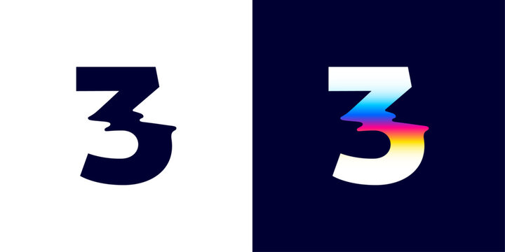 3 logo. Number three with color glitch. Neon double exposure style. Multicolor gradient sign with hologram and illusion effect. Glowing color shift vector icon for nightlife labels, game screens.