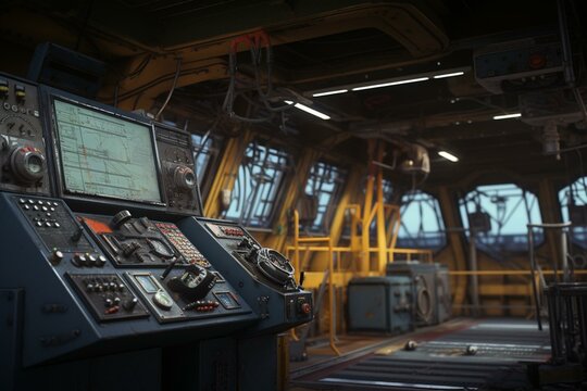 Control crane cockpit inside customs terminal. Generative AI