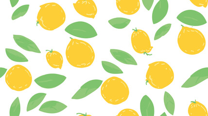 Lemons with leaves in flat hand drawn style, vector seamless pattern