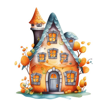Fantasy autumn house. Watercolor illustration created with Generative Ai technology