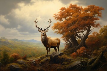 A magnificent stag on a hill, framed by a lush backdrop of trees. Generative AI