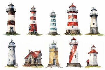 Various lighthouses depicted in detailed clipart on a white background, resembling watercolor paintings. Generative AI