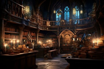 Vibrant medieval library ambiance filled with books and candlelights. Generative AI