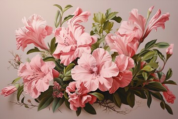 a bunch of pink flowers with green foliage. Generative AI - obrazy, fototapety, plakaty