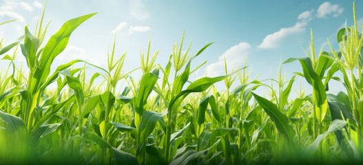 Close up of green corn field with blue sky and sun in the background
