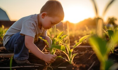 A little boy is planting corn seedlings in the field at sunset - obrazy, fototapety, plakaty