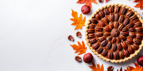 Pecan pie on white background, flat lay with copyspace, top view, fall food, Thanksgiving cooking, banner