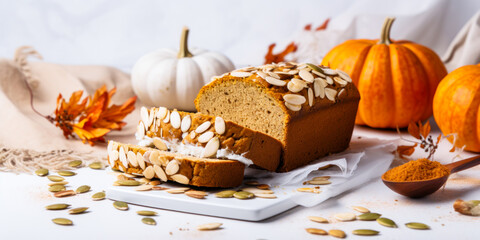 Sliced pumpkin bread loaf with seeds and pumpkins, fall food, Thanksgiving cooking, wide