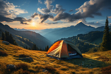 Outdoor camping photo. tent in the middle of nature, beautiful landscape. natural, protected area made with AI - obrazy, fototapety, plakaty