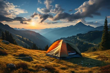 Fototapete Rund Outdoor camping photo. tent in the middle of nature, beautiful landscape. natural, protected area made with AI © The Picture House