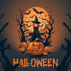 Unleash the Spooky Magic: Halloween Bash Poster Collection with an Eerie Night Sky, Enchanting Pumpkins, and Paper Cut Artistry. Crafted in Vector Excellence. Featuring a Bewitching Full Moon, a Sinis