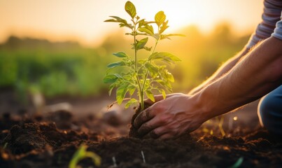 Farmer planting a seedling in the garden at sunset, agriculture concept