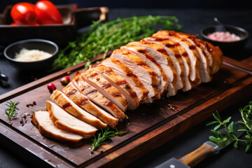 Sliced roast turkey breast on wood cutting board, fall food, Thanksgiving cooking