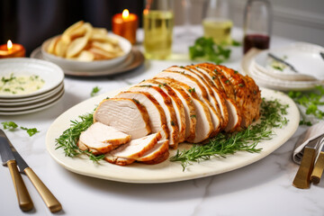 Sliced roast turkey breast on dinner table, fall food, Thanksgiving cooking
