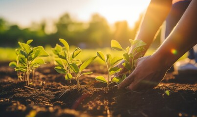 Farmer planting a seedling in the garden at sunset, agriculture concept