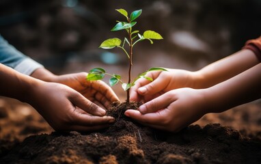 Hands of young man and woman holding green seedling in soil with sunlight