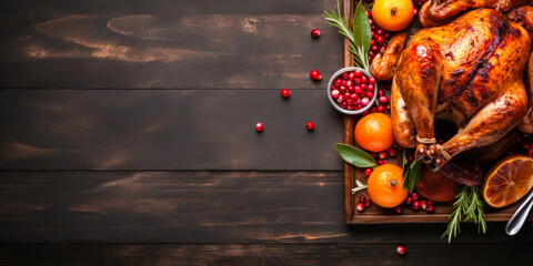 Thanksgiving whole roast turkey on brown wood plank table, flat lay with copyspace, top view, fall food cooking, banner