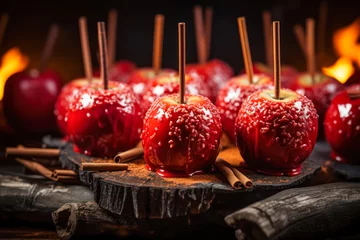 Fotobehang Red candy apples, dessert, fall harvest food, Halloween, Thanksgiving © Sunshower Shots
