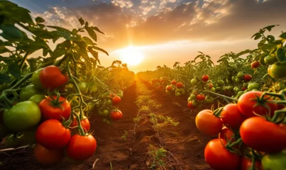 Rolgordijnen Tomatoes growing on the field at sunset. Beautiful summer landscape © Patrick