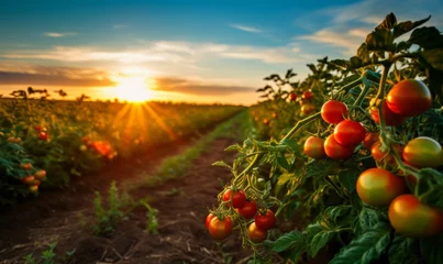 Foto auf Acrylglas Tomatoes growing on the field at sunset. Beautiful summer landscape © Patrick