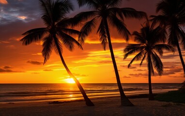 Beautiful sunset over the sea with palm trees on the beach