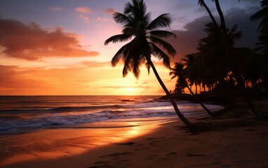 Beautiful sunset over the sea with palm trees on the beach