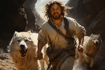 Tuinposter Jesus running towards wolf and lamb made with AI © The Picture House