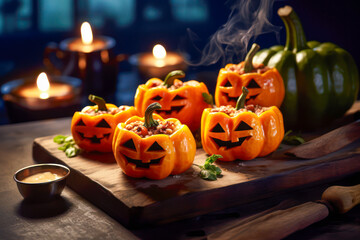 Halloween pumpkin jack o' lantern stuffed orange bell peppers - obrazy, fototapety, plakaty