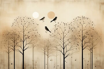 A mural wallpaper with black trees, a white moon, and birds on a beige background. Can be used as wall decoration. Generative AI - obrazy, fototapety, plakaty