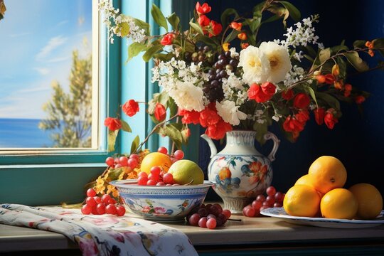 a vase with colorful flowers and fruits in it on a counter top near a bowl of fruits and a sink with a window in the background and a blue wall with a picture above. Generative AI