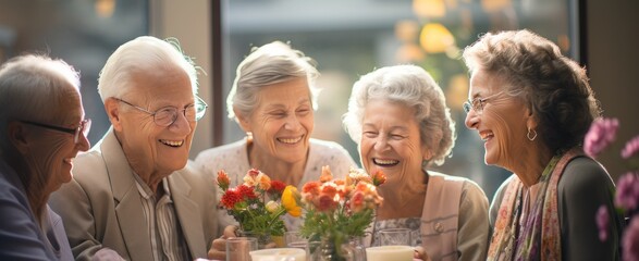 group of seniors gathered talking smiling