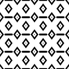 Repeated black polygons on white background. Ethnic wallpaper. Seamless surface pattern design with hexagons and rhombuses. Embroidery motif. Digital paper for page fills, web designing, textile print