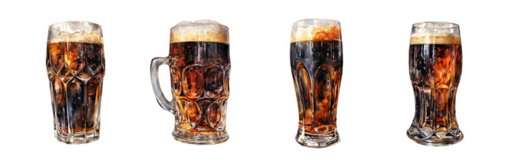 Set of watercolor glasses with foamy beer. Generative AI technology.	